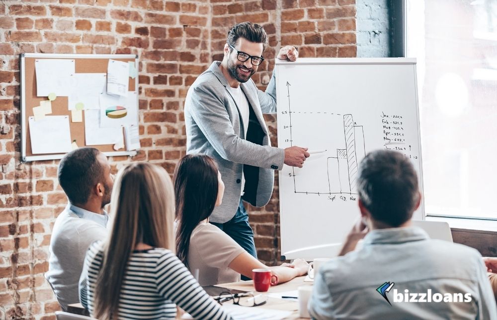Examples-of-Powerful-Business-Growth-Strategies Business owner in glasses standing near whiteboard and discussing about their business growth strategy while his coworkers are listening and sitting at the table